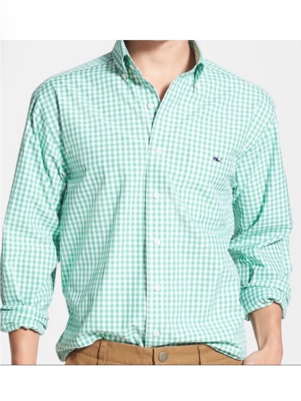 Vineyard Vines Slim Fit Tucker Shirt Mint Green Gingham Plaid Long Sleeve M